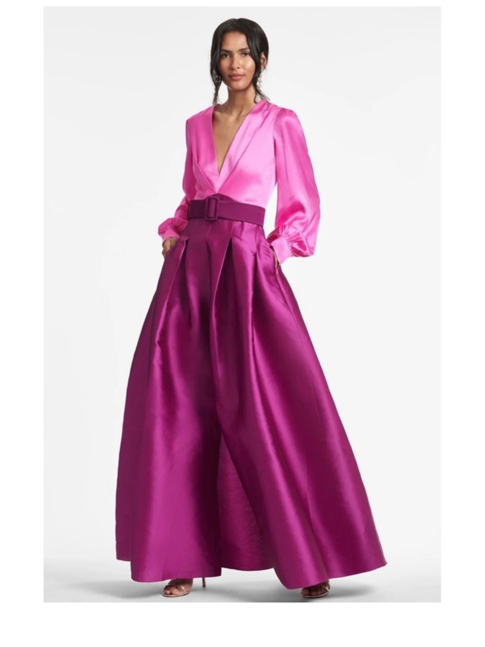 Sachin + Babi Two-Tone Magenta and Hot Pink Long-Sleeve Satin Gown